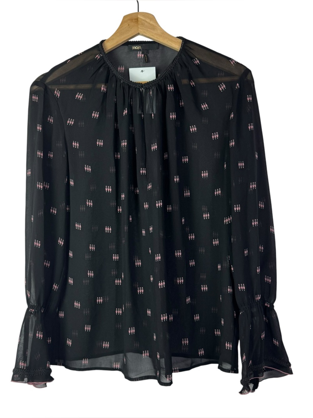 Maje Black Sheer Pink Printed Long Sleeve Blouse 1/S